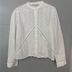 Zara White Eyelet Embroidered Button-Up Blouse with Pom poms. Size S.